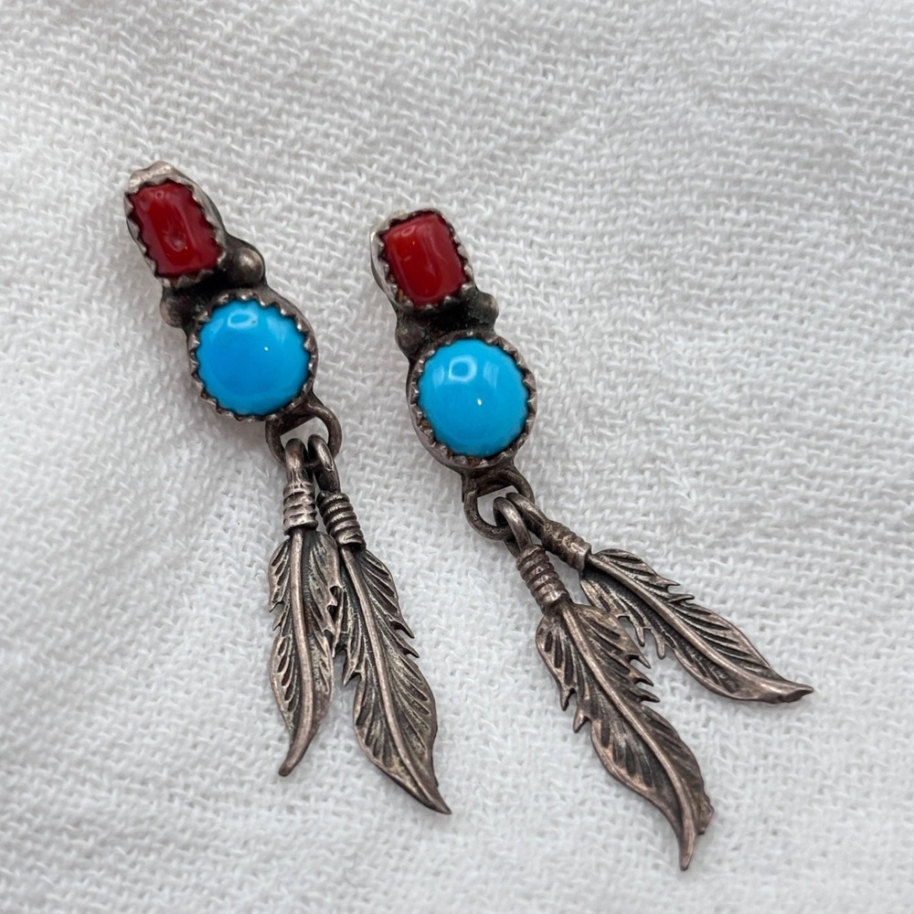 Native American Turquoise & Coral Earrings Feathers Dangle 1.5"